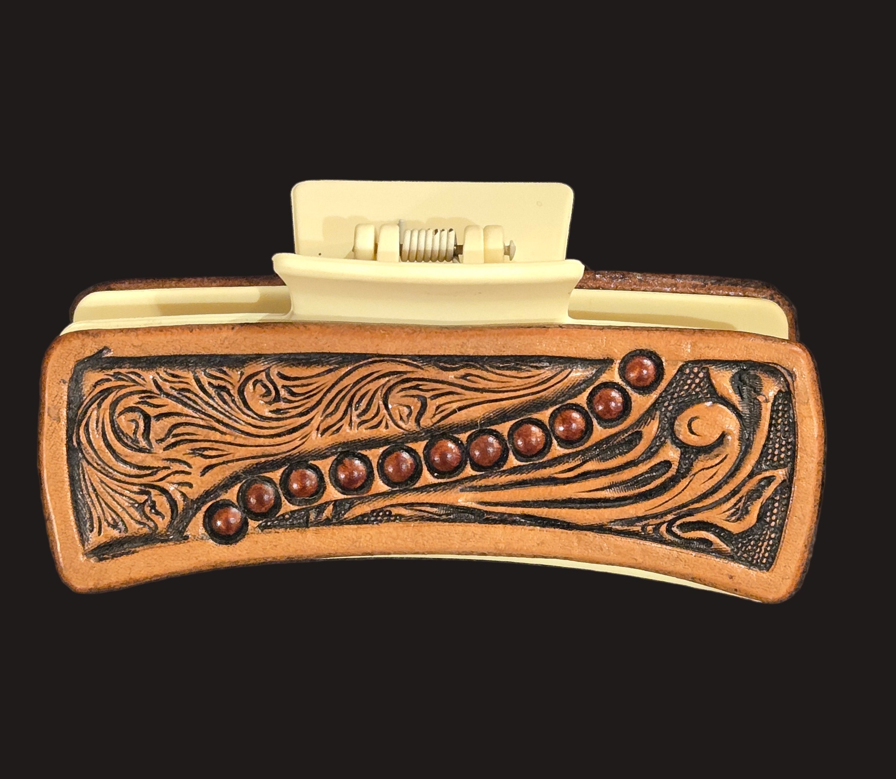 Hair Clip Medium Handtooled Scroll/Beads