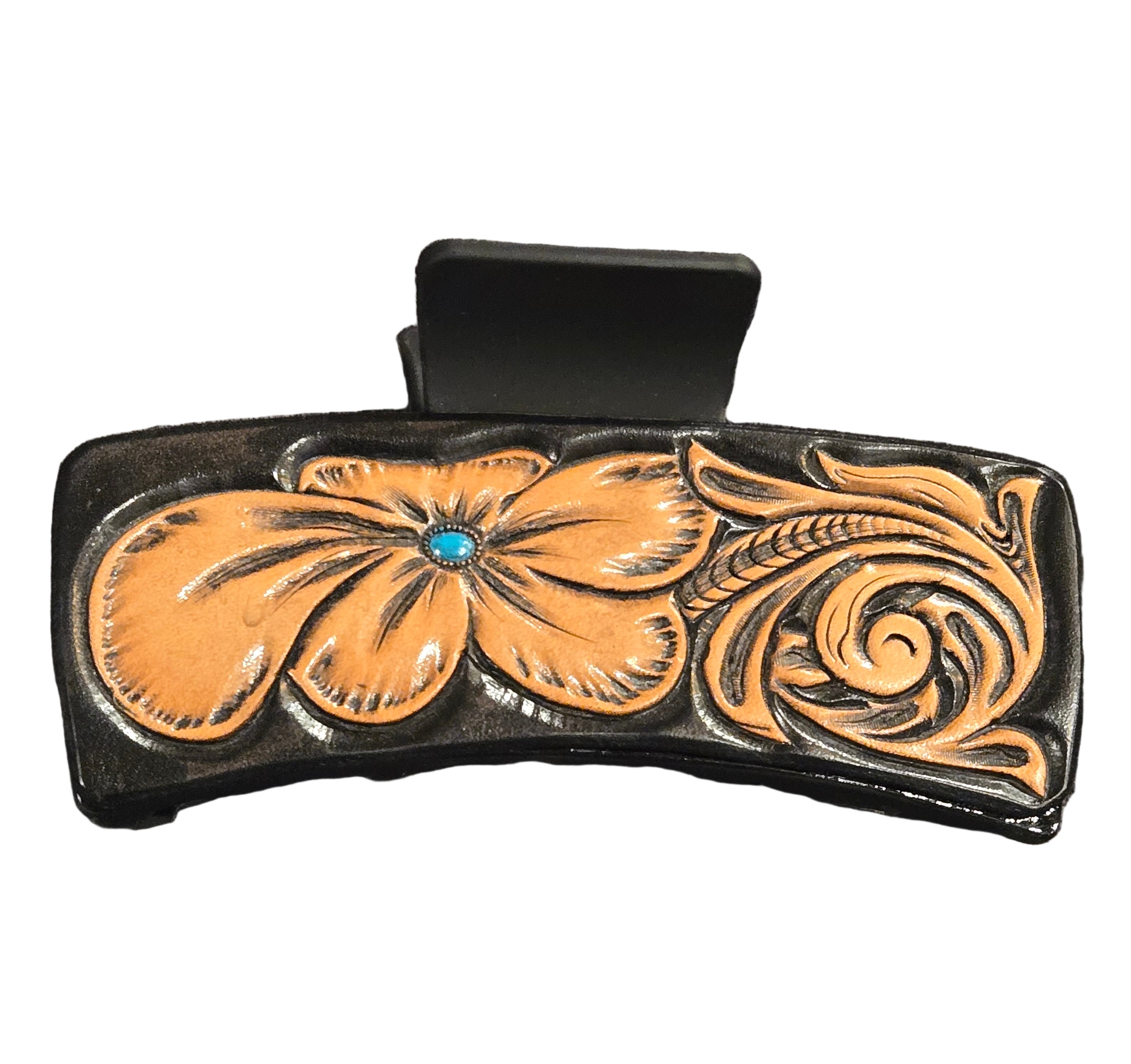 Hair Clip Large Handtooled with Floral