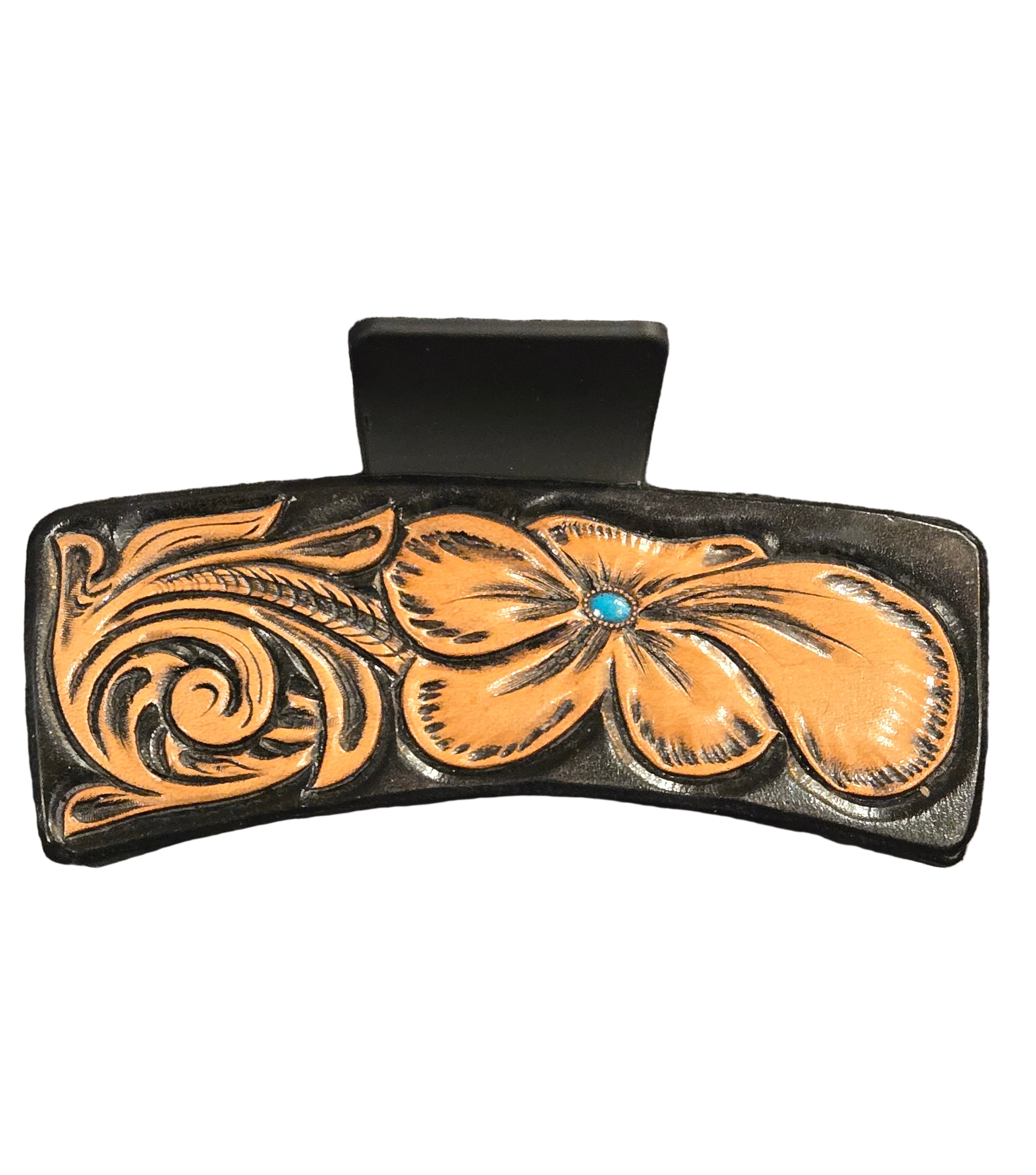 Hair Clip Large Handtooled with Floral