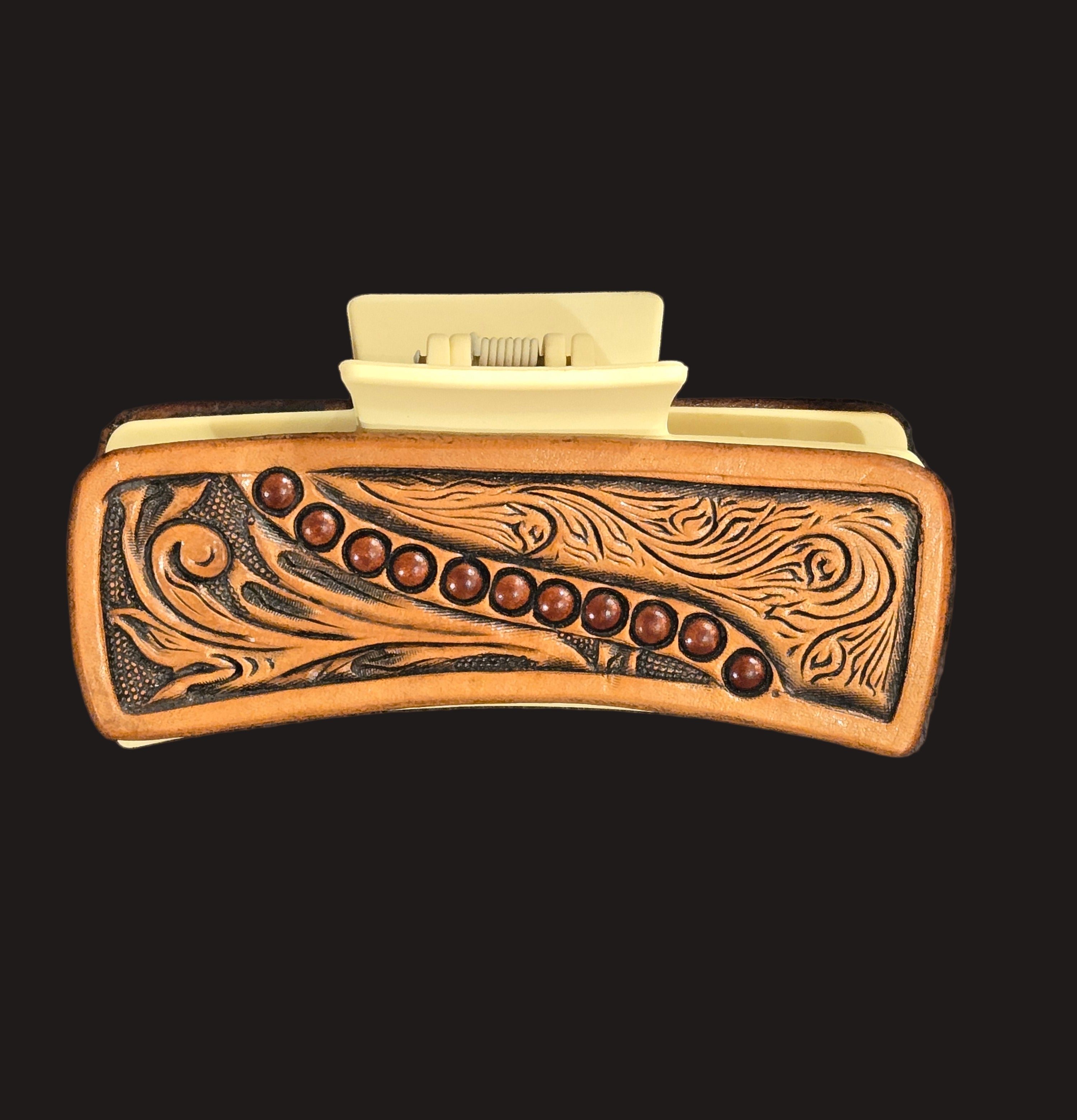 Hair Clip Medium Handtooled Scroll/Beads